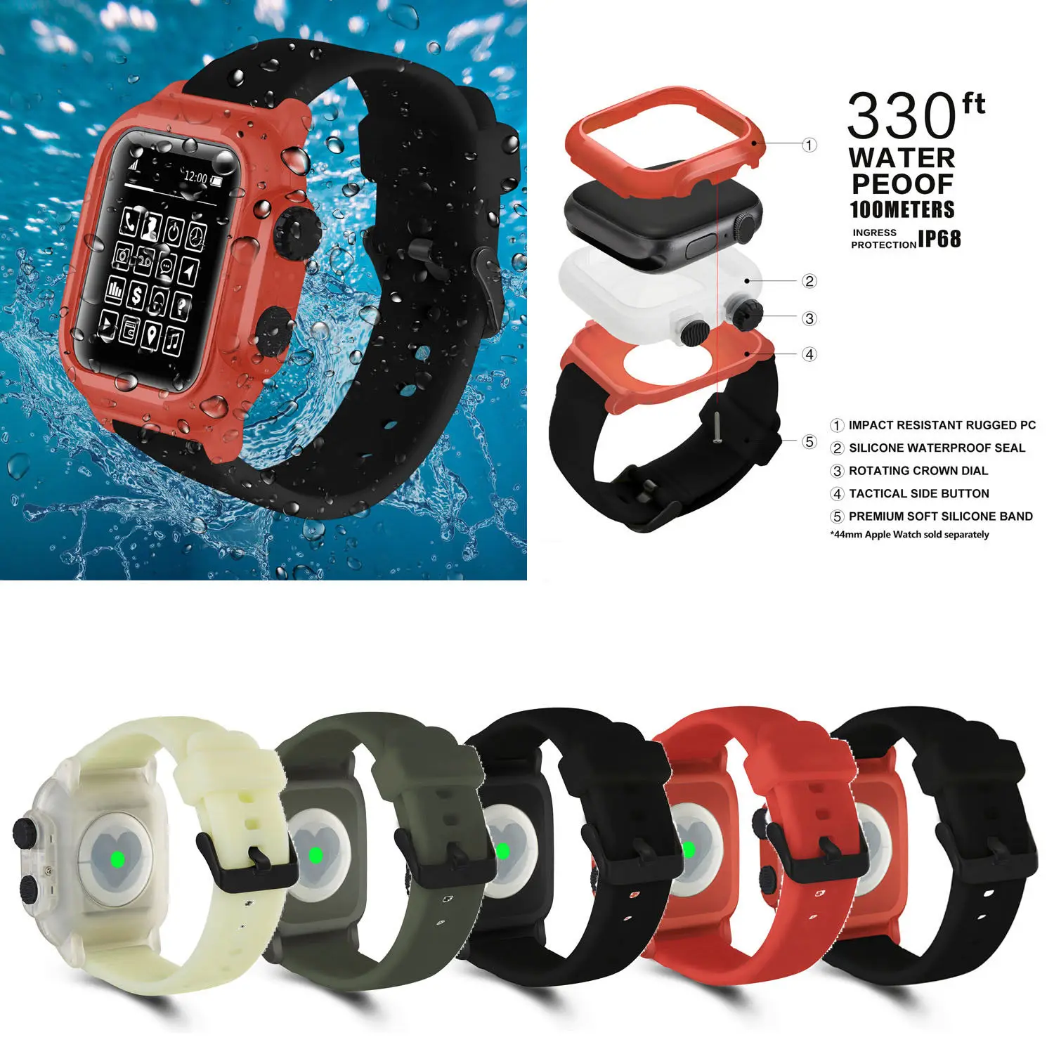 Силиконовый чехол для iWatch Apple Watch Series 4 3 2 42 мм 44 330 футов|Смарт-аксессуары| |