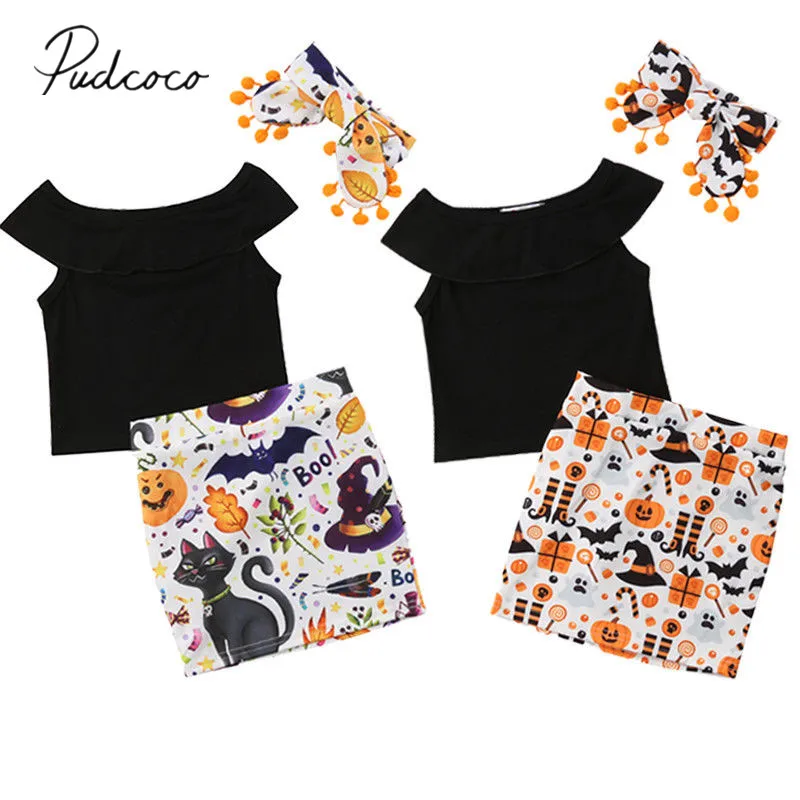 2018 Brand New Halloween Party Toddler Baby Girls Clothes Sets 3PCS Black T-Shirts Tops Pumpkin Cartoon Cat Skirts+Headband 1-5Y | Детская