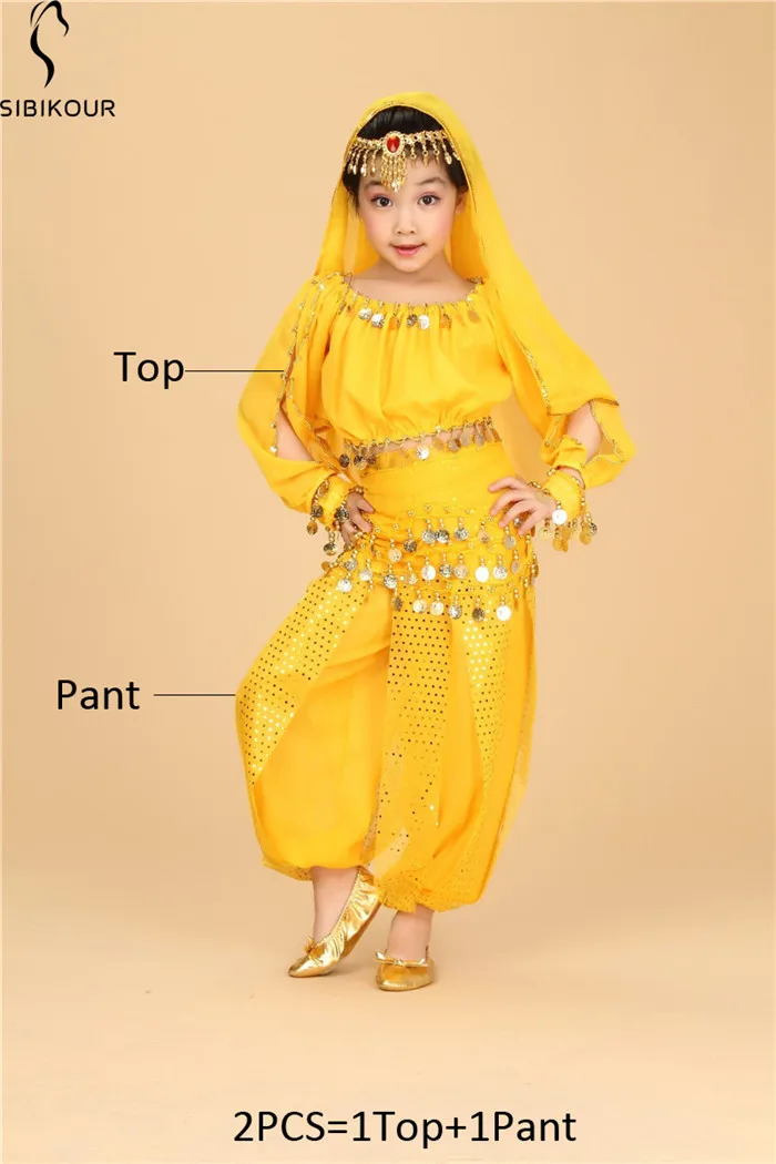Yellow 2pcs Болливуд набор костюма для танца живота для детей Египетский восточный индийский танец живота костюм для девочек платье 120D шифон Топ Брюки - Цвет: Yellow 2pcs