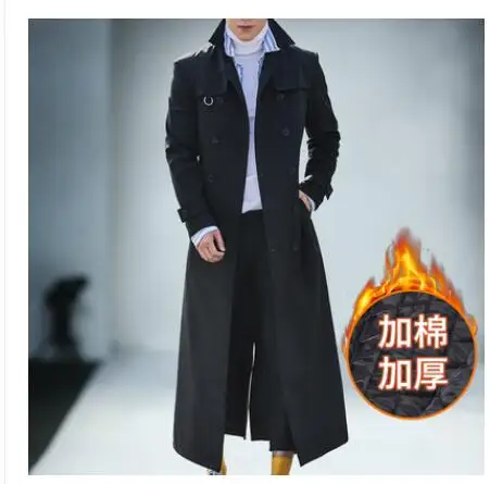 black thicken M-4XL длинный плащ с отворотом, мужское двубортное деловое повседневное пальто, новая осенняя и зимняя модная красивая ветровка - Цвет: black thicken