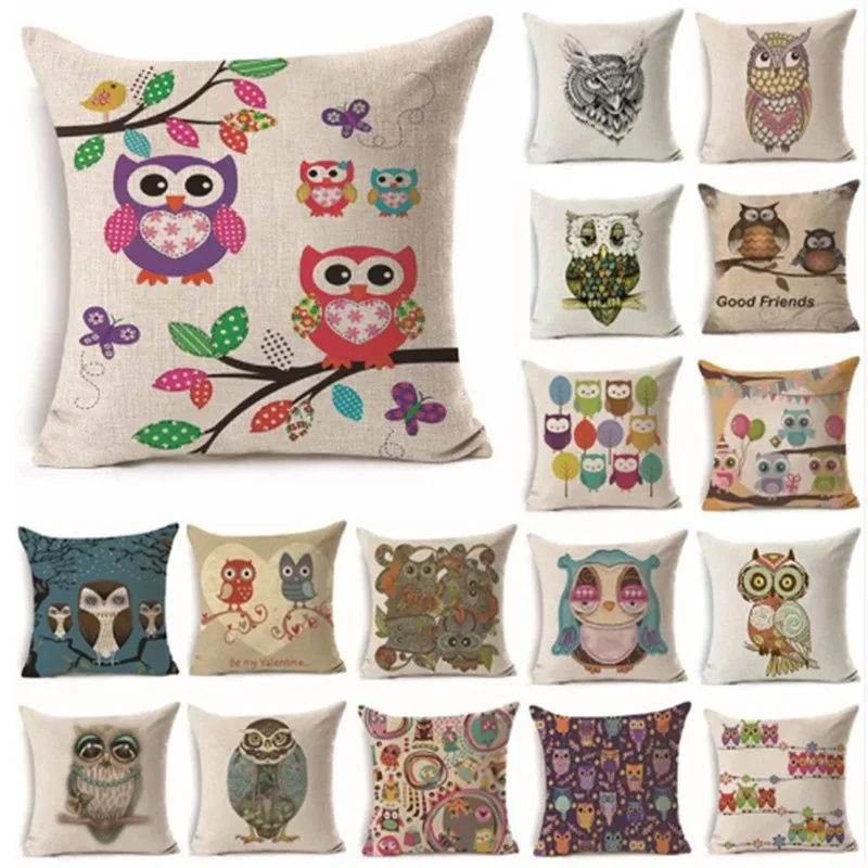 

Lovely Colorful Owl Pattern Cotton Linen Throw Pillow Decorative Pillowcase