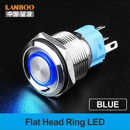 Blue LED Ring LANBOO 19 мм плоская головка мгновенный или самоблокирующийся металлический кнопочный переключатель с IP65 - Цвет: Blue LED Ring