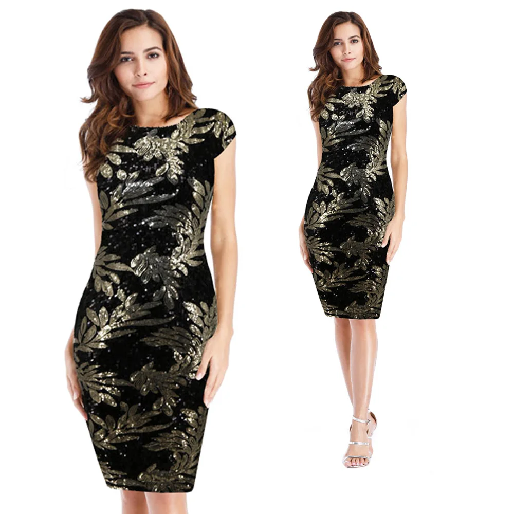 Новые модные летние женские платья с блестками короткий рукав круглый вырез