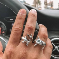 doreenbeads new creative animals shark rings silver color fashion adjustable opening metal ring punk style party jewelry1 set