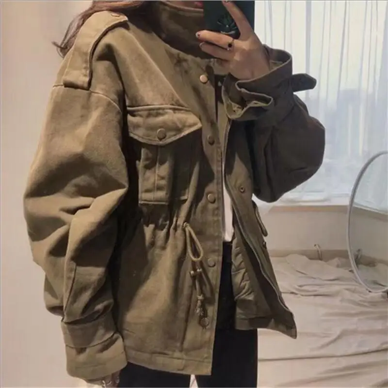 thick army green Весенне-осенняя армейская зеленая винтажная куртка, Женское пальто, женские повседневные куртки с длинным рукавом, женская уличная приталенная куртка Q1127 - Цвет: thick army green