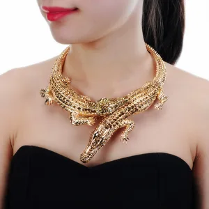 JEROLLIN Big Two Crocodiles Necklaces Inlay Full Rhinestones Women Big Choker Alloy Statement Jewelry Bib Collar Maxi Necklace