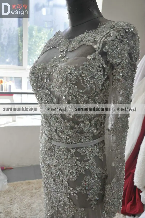 Elie Saab New Style 100% Real Gray Slit Long Sleeve Heavy Beaded Floor-Length Prom/ Evening Dress | Свадьбы и торжества