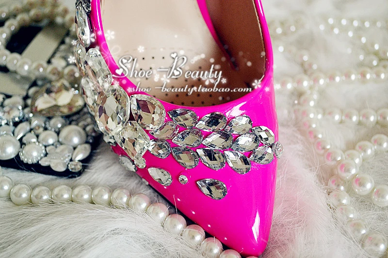 

Fashion Fushcia high heel Crystal bridal wedding shoes Lady Pointed Toe Shoes for Wedding Graduation Party Prom Shoes