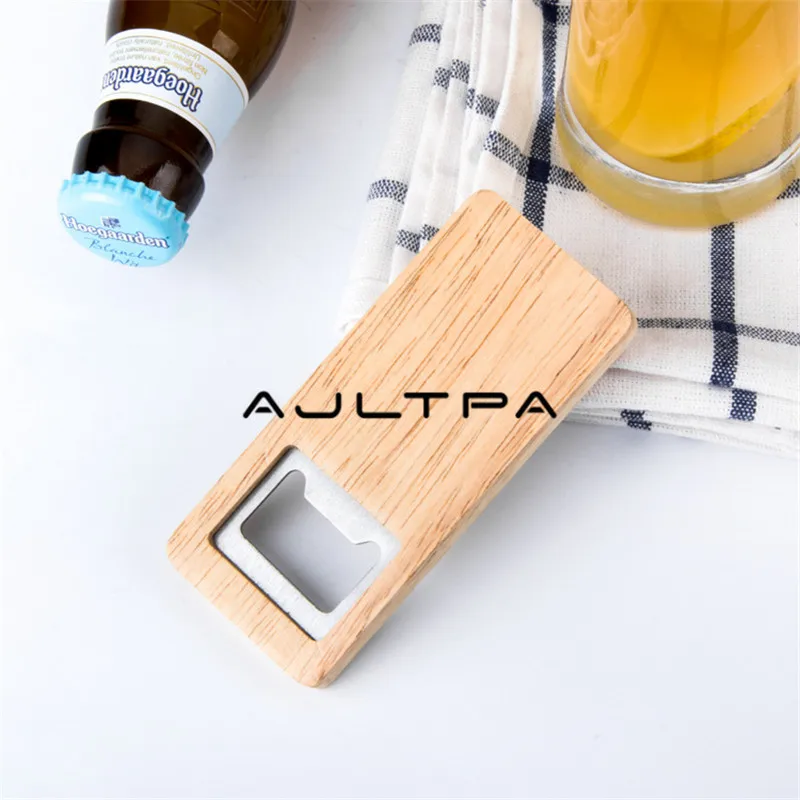 

50pcs/lot Wood Beer Bottle Opener Wooden Handle Corkscrew Stainless Steel Square Openers Bar Kitchen Accessories Party Gift