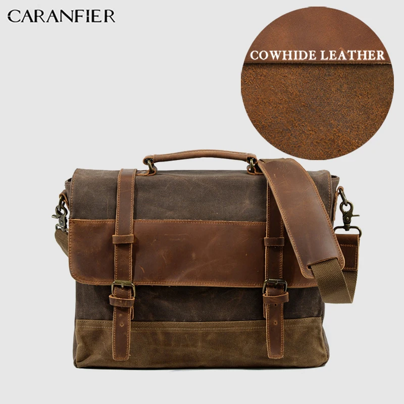 CARANFIER, мужской портфель, бизнес, масло, воск, коровья кожа, холст, унисекс, сумка через плечо, большая емкость, для ноутбука, сумки на плечо
