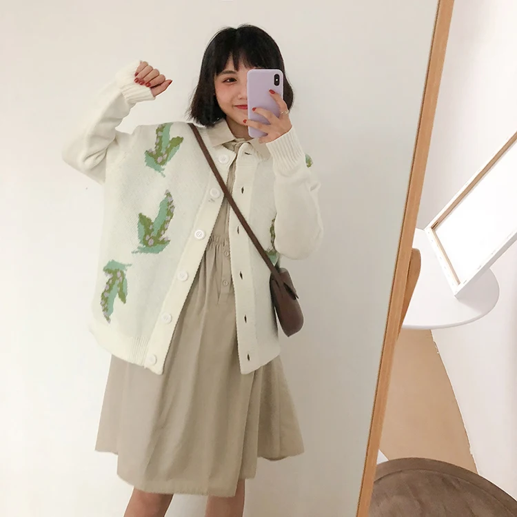 2 цвета осень 2018 вышивка листьев вязаные свитера женский кардиган feminino (F1147) |