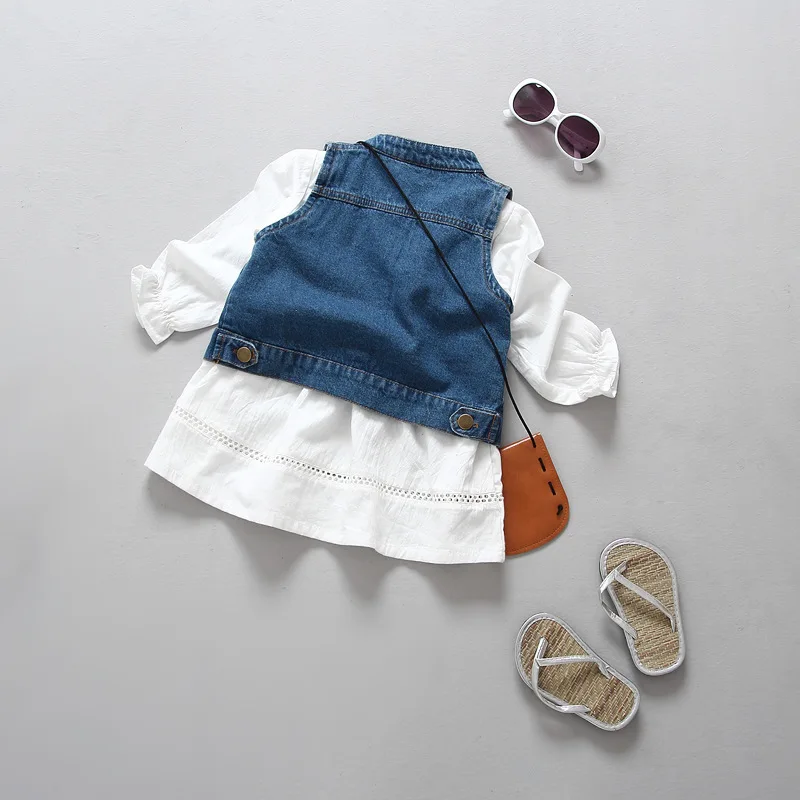 Girls Clothing Set Baby Girl Denim Vest Jackets + White Dress Two Piece Suit Cowboy Spring Kids Sets | Мать и ребенок