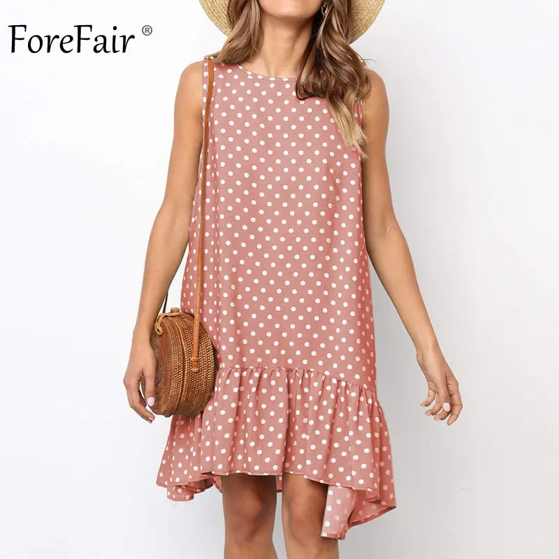 Forefair, платье в горошек для женщин, летнее, с открытыми плечами, с рюшами, неровное, круглый вырез, размера плюс, повседневное, мини, бохо, пляжное платье - Цвет: Pink Dress