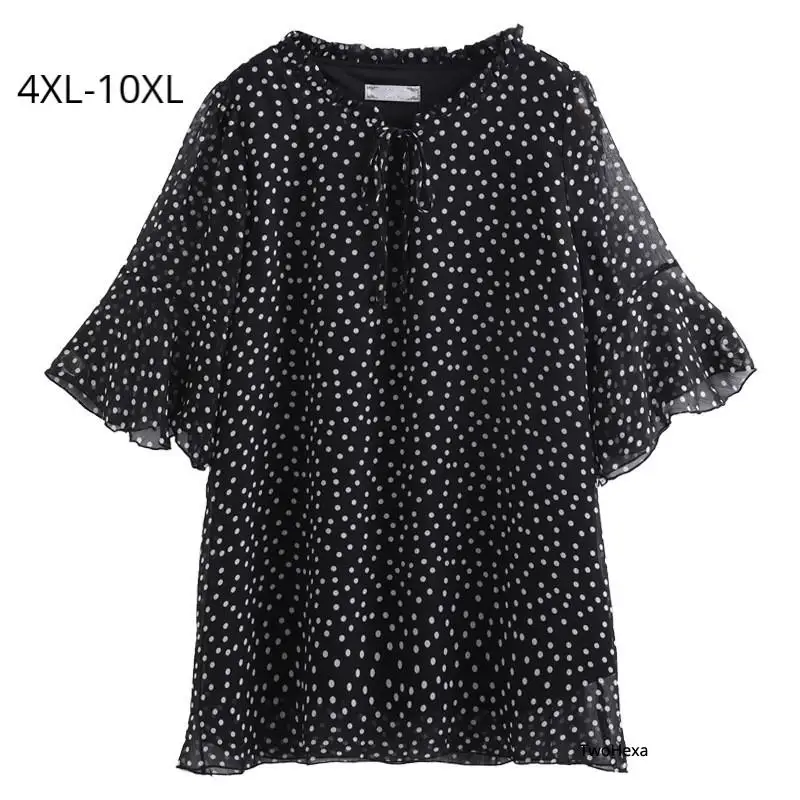 Women Plus Size 10XL 9XL 8XL 4XL Summer Chiffon Tops Feminina Elegant Small Dot Flare Sleeves Shirts Loose Style Clothing |
