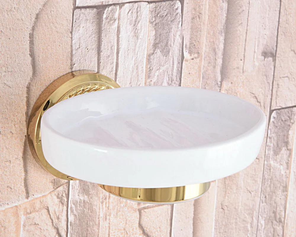 

Bathroom Accessory Polished Gold Color Brass Carved Pattern Base Ceramic Dish Wall Mounted Bathroom Soap Dish Holder mba587