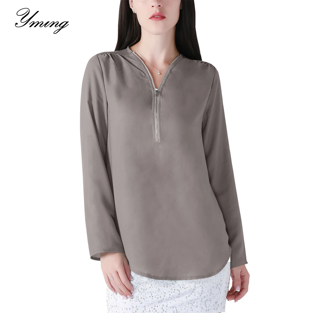 

YMING Summer Blouse Women Long Sleeve Ladies Tops Solid Casual Party Shirts Chiffon Blouse Zipper Tunic Plus Size Vintage Blusas