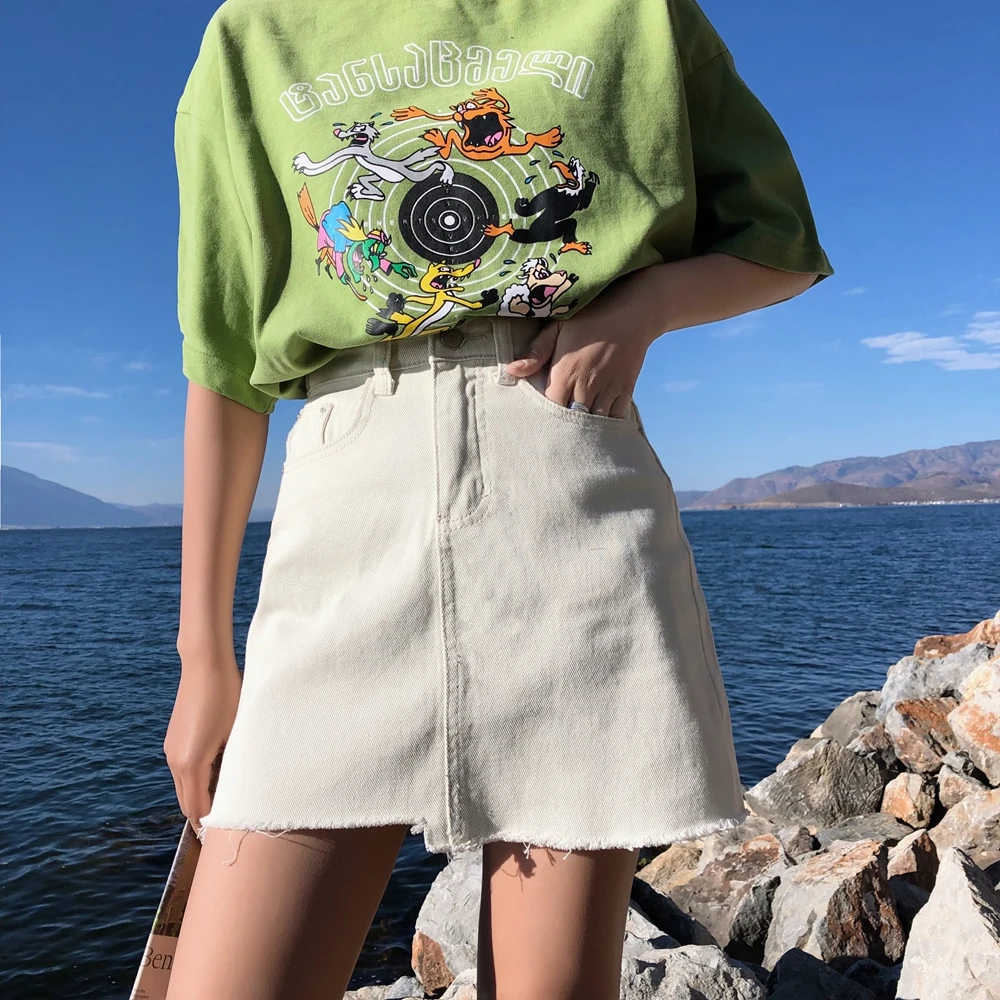 Summer 4 цвета летняя юбка корейский ulzzang стиль высокая талия джинсовые юбки мини-кисточка линия женские джинсовые юбки(Z5262