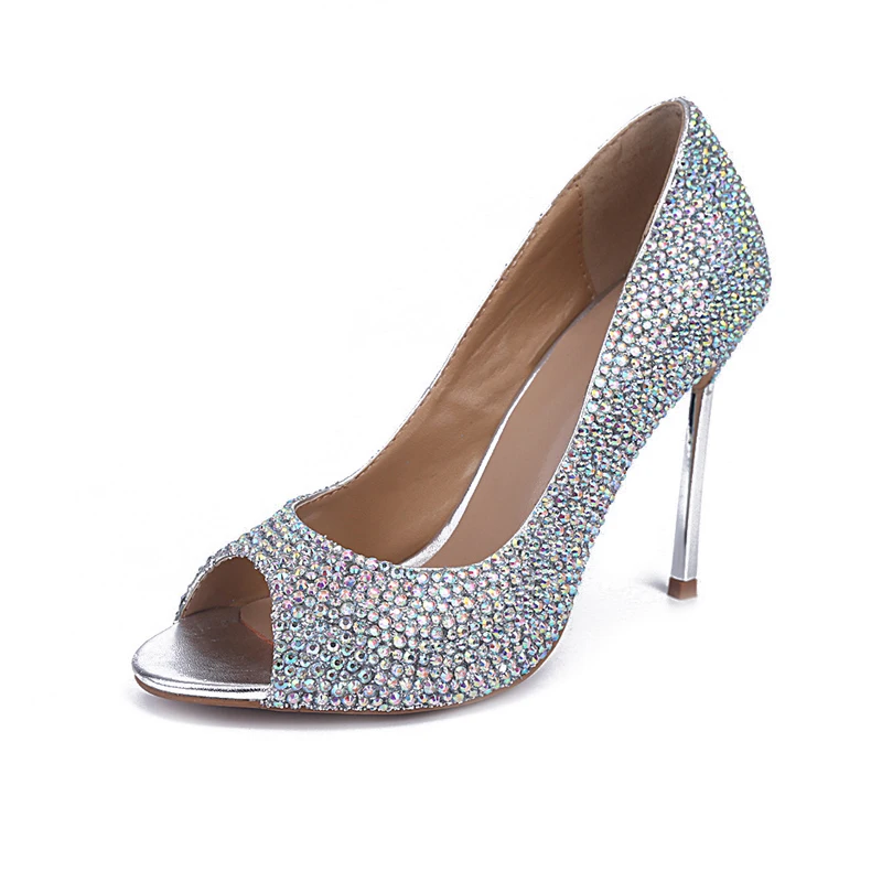 Летние свадебные туфли Стразы с открытым носком на шпильке сандалии из