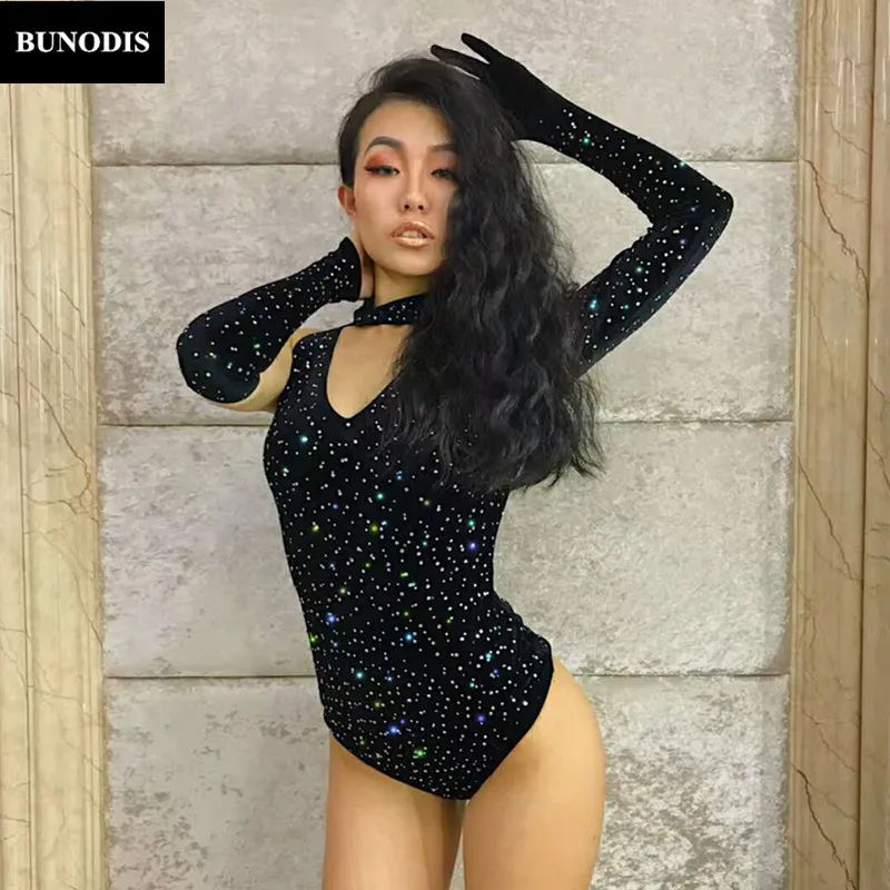 ZD040 Black Bodysuit Sparkling Crystal Catsuit Nightclub Clothing DJ DS Singers Jumpsuit Sexy Stage Wear Costume Bling Outfit