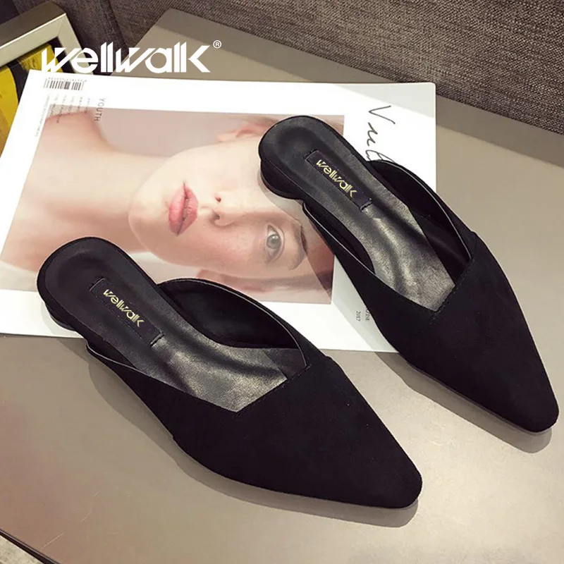 Wellwalk/женские тапочки на плоской подошве с острым носком; Брендовая женская обувь из искусственной замши; модельные туфли без задника; Офисная Женская обувь; zapatos de mujer - Цвет: Черный