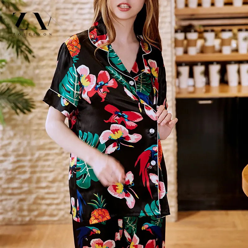 Шелковые пижамы комплект для женщин цветок Пижамный костюм домашняя одежда