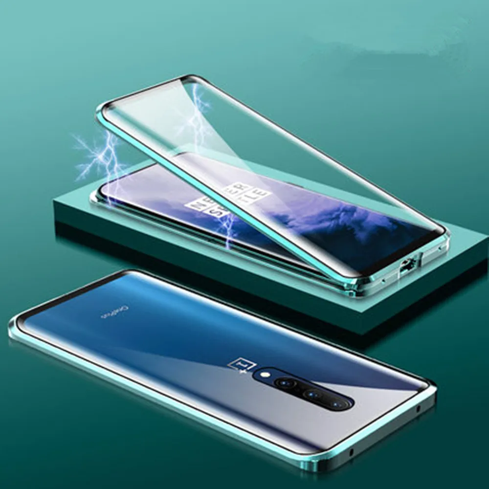 green Магнитный адсорбционный металлический чехол для телефона Oneplus 7 Pro 1 Plus 6 One plus 6T 7 двухсторонний Магнитный чехол из закаленного стекла - Цвет: green