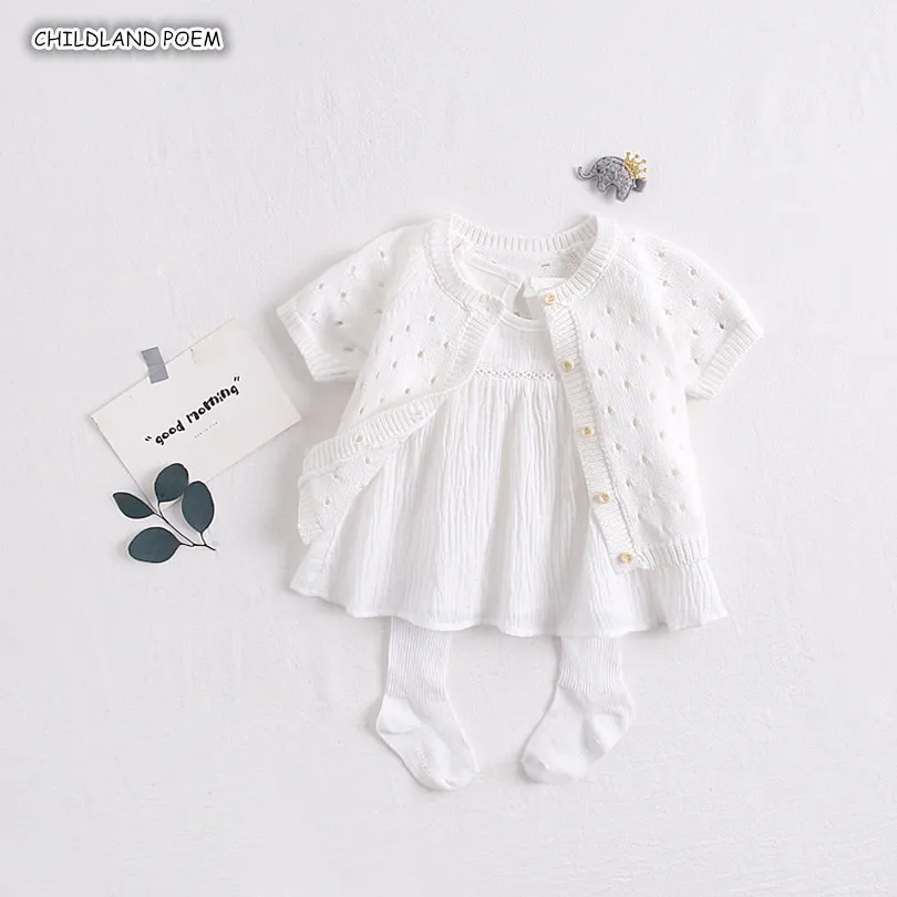 white set 2 pcs Одежда для новорожденных девочек; Летняя трикотажная одежда для малышей; комплект одежды для новорожденных девочек; комплект с платьем для малышей - Цвет: white set 2 pcs