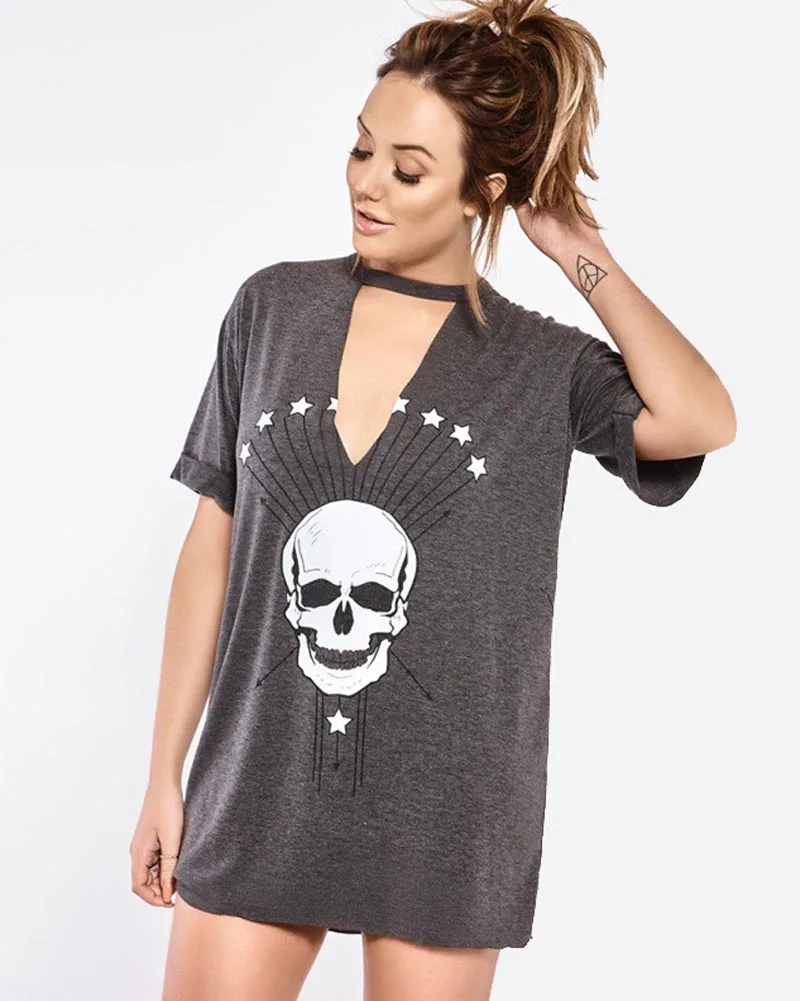 Hitmebox Новое поступление Лето 2019 Повседневный Свободный мини топ с принтом черепа