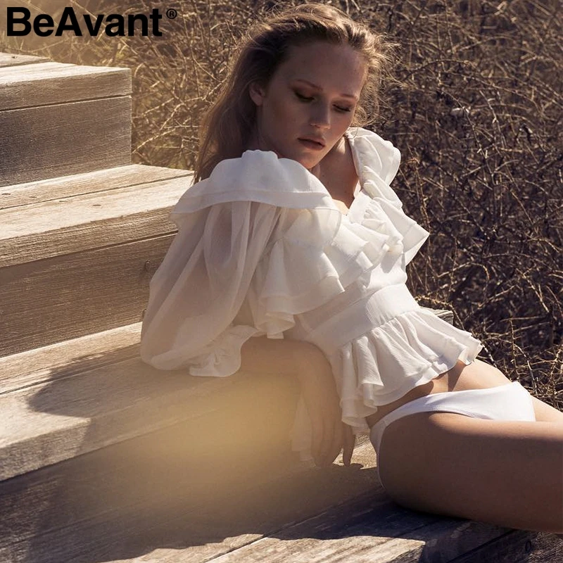 BeAvant Sexy off shoulde шифоновая белая блузка для женщин Лето 2019 г. баски рубашка Топ