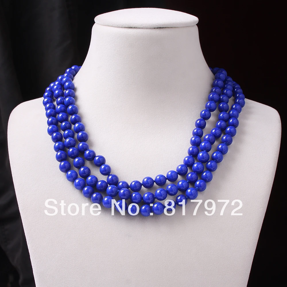 

3 Rows Glamour New Fashion 8mm Round Bead Lapis Lazuli Multilayer Necklace Woman Party Gift