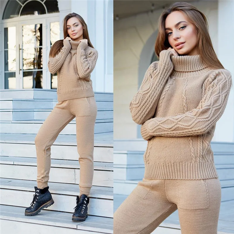 

New Real Women's Knit Suit Net Sweater And Knitted Trousers Two-piece Women Two Piece Outfits Sale Full Turtleneck 2020 Spring