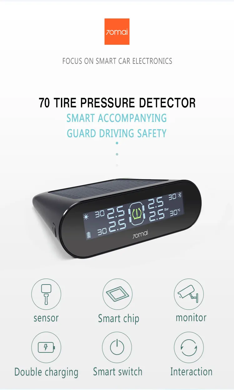 Xiaomi 70mai tpms датчик давления в шинах Солнечная энергия Двойной USB Зарядка Авто безопасность давление в шинах манометр, Встроенная система датчиков контроль давления в шинах