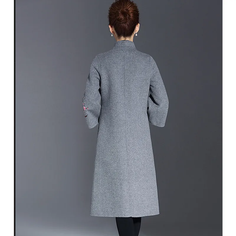

Middle-aged Women's Long Woolen Coats Temperament Over Knee Embroidery Windbreaker Female High End Cashmere Coat Plus Size 5XL