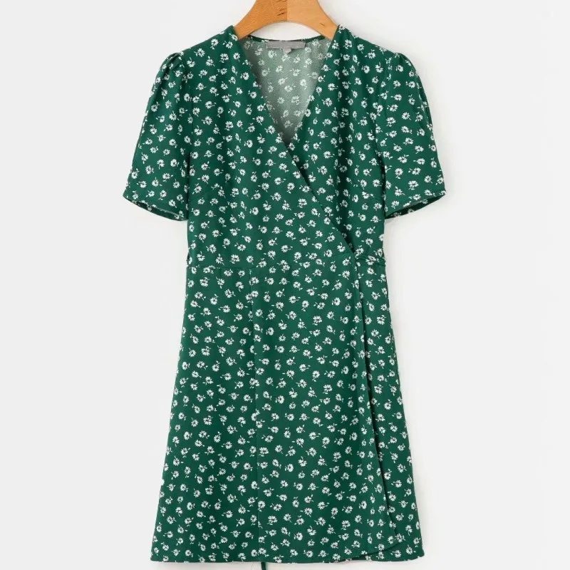 New Fashion Women V-Neck Floral Print Slim Dresses Vintage Summer Short Sleeve Lace-Up Mini Dress | Женская одежда