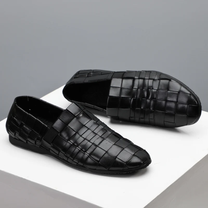 High End Men Hand-made Woven Leather Shoes Summer Slip On Soft Genuine Loafers Big Size 6- 12 | Обувь