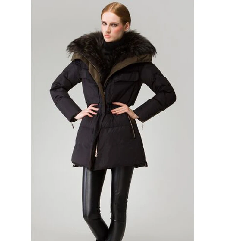 Женский пуховик с воротником из меха енота толстый тонкий на белом утином пуху