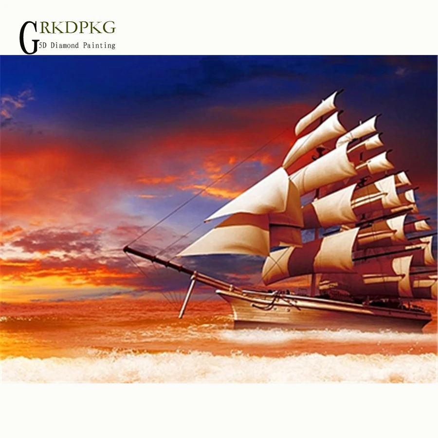 sailboat Beach 5d diamond painting full drill square embroidery Cross stitch pictures of rhinestones Wedding decoration | Дом и сад