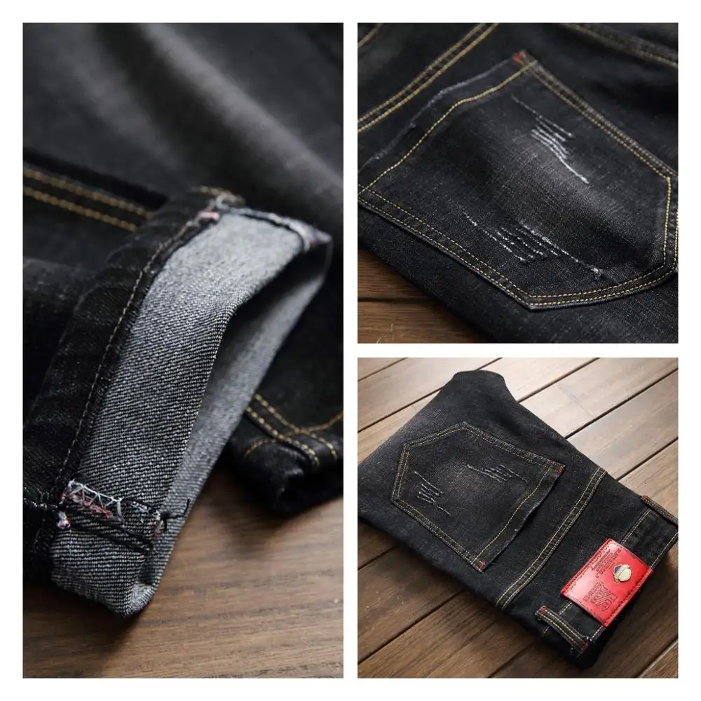 

2019 Brand jeans men straight moto biker black embroidery patchwork distressed ripped plus size 29-38 homme denim trousers jeans