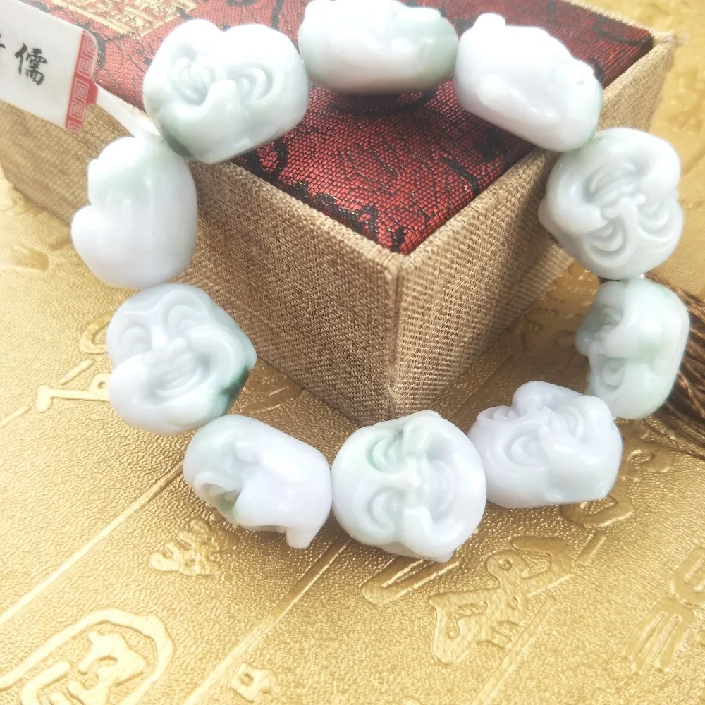 

Send A-level national certificate Natural Burmese jade crving three-color jade laughing Buddha jade bead bracelet Exquisite men