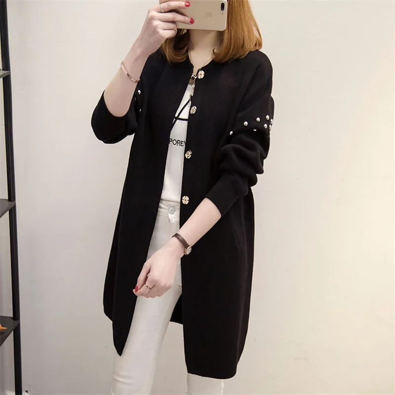 Danjeaner Autumn Winter Long Cardigan Women Sweater 2017 Ladies Sleeve Bead Knitted Slim Cardigans Female Tricot Tops |