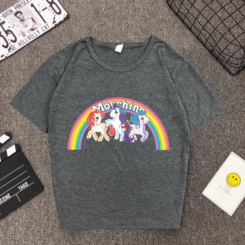 Футболка с радужным единорогом новинка короткий рукав круглый вырез летние топы