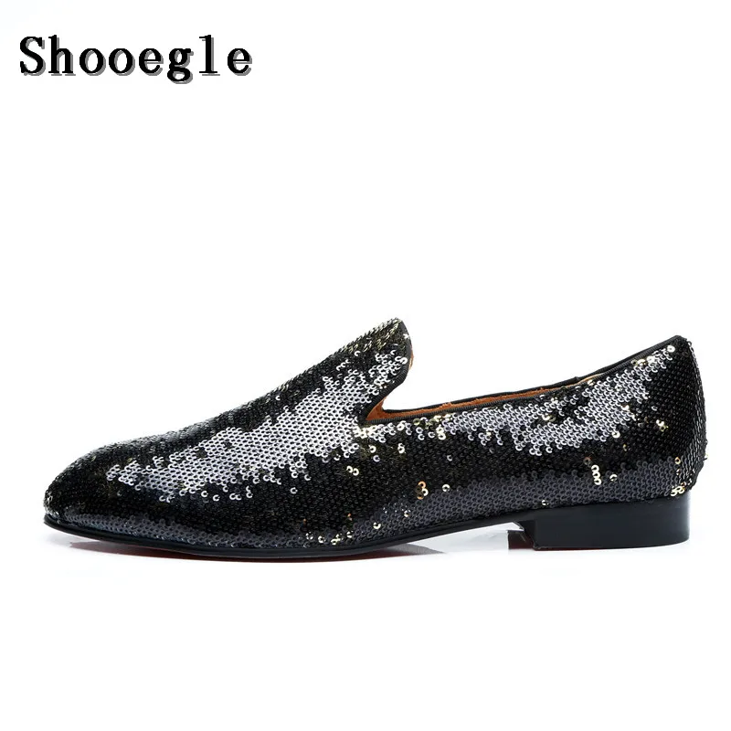 Туфли SHOOEGLE мужские с блестками черные кожаные мокасины без застежки для курения