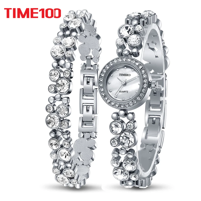 Модный бренд Time100 женские Кварцевые Часы С Бриллиантами Круглый циферблат перламутра Браслет часы Дамы Ювелирные Изделия наручные Часы Женщины