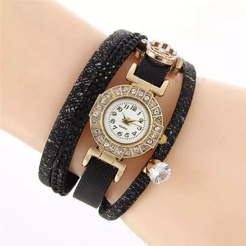 Black Fashion Woman Watches Crystal Faux Leather Strap Band Analog Quartz Wrist Watch Bracelet Female Clock Reloj Mujer C3 | Наручные