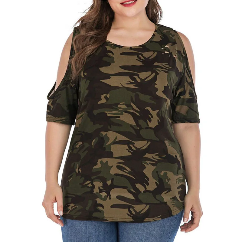 Camouflage Хлопковые футболки размера плюс с дырками и открытыми плечами с камуфляжным принтом 4XL 5XL летние женские футболки с круглым вырезом и коротким рукавом - Цвет: Camouflage