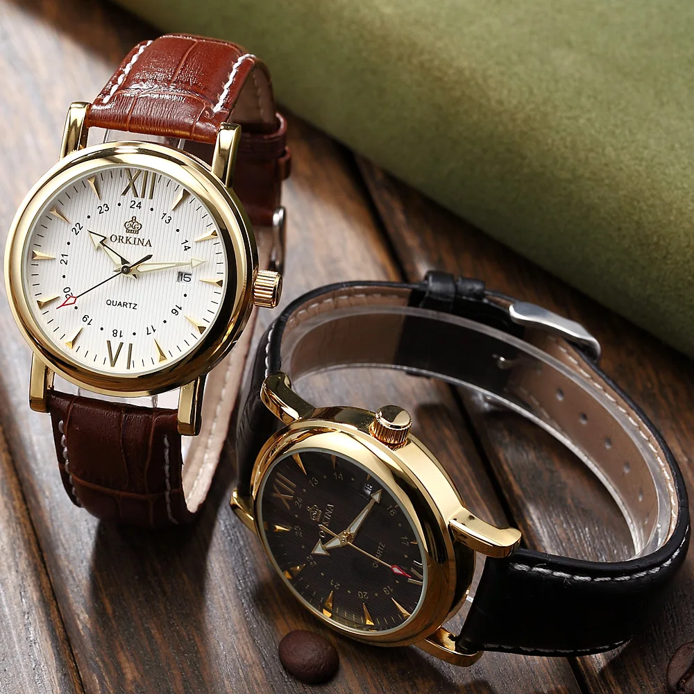 Часы ORKINA мужские аналоговые коричневые из натуральной кожи с ремешком|masculinos