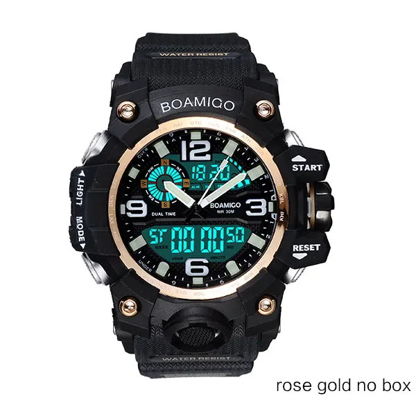 rose gold no box Мужские спортивные часы BOAMIGO, брендовые, цифровой, светодиодный, кварцевые, резиновые, военные, наручные часы, водонепроницаемые, аналоговые, мужские часы, Relogio Masculino - Цвет: rose gold no box