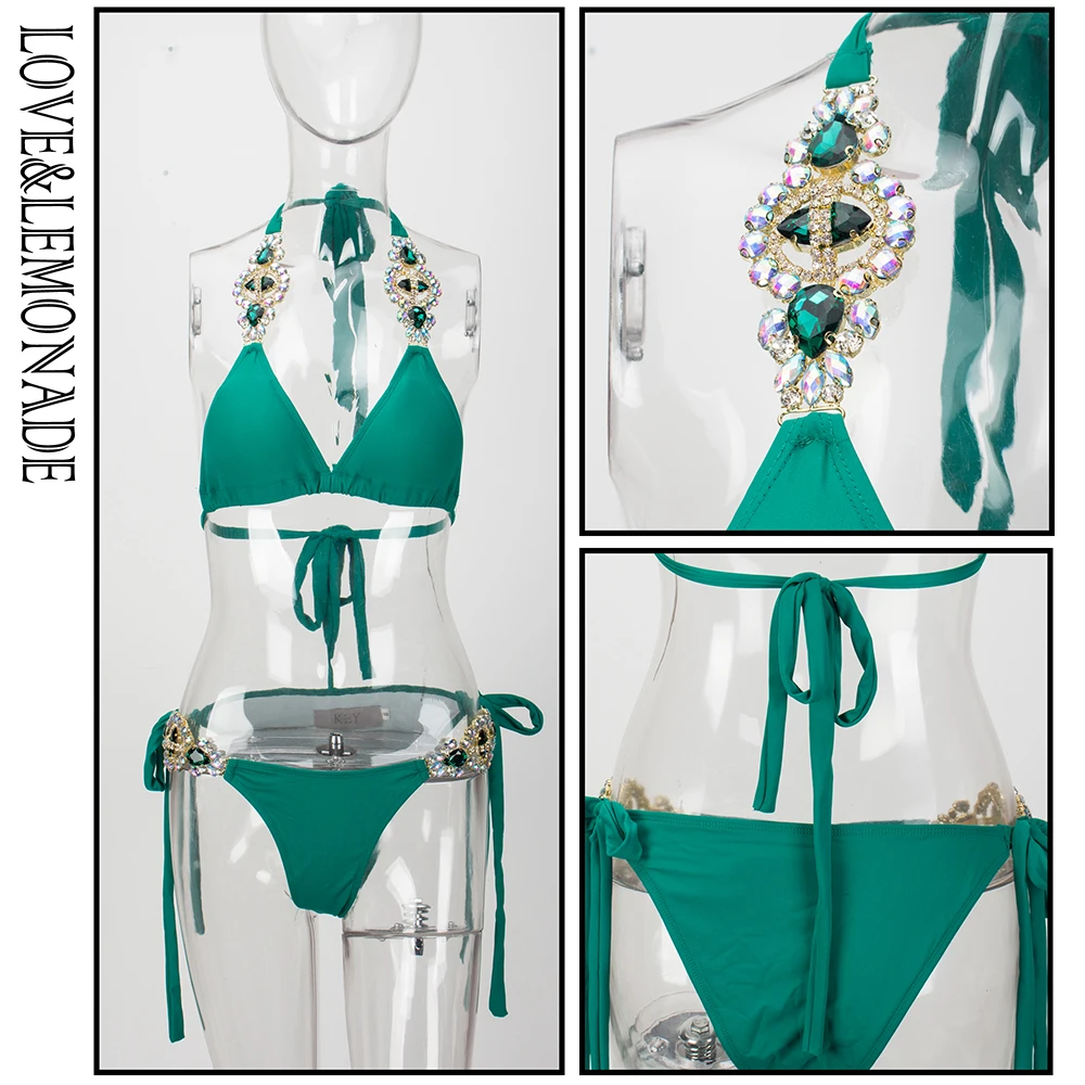 

LOVE&LEMONADE Green Colorful Crystal Jewelry Strap Two-Pieces Beach Bikini LM1058