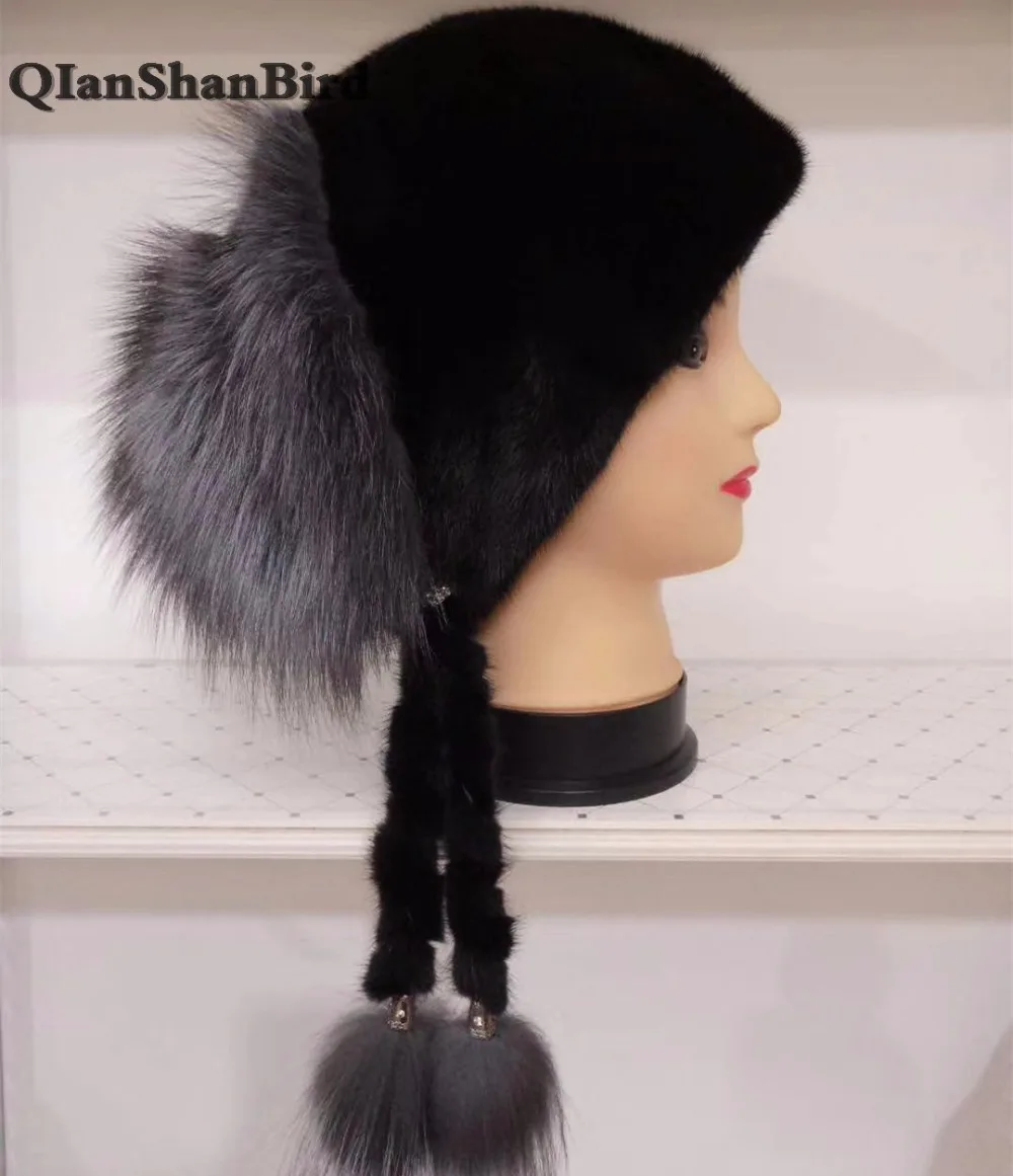 2018 New Style Women Mink Fur Hats with Silver Fox Stripes Real Tails High Quality 100% Caps | Аксессуары для одежды