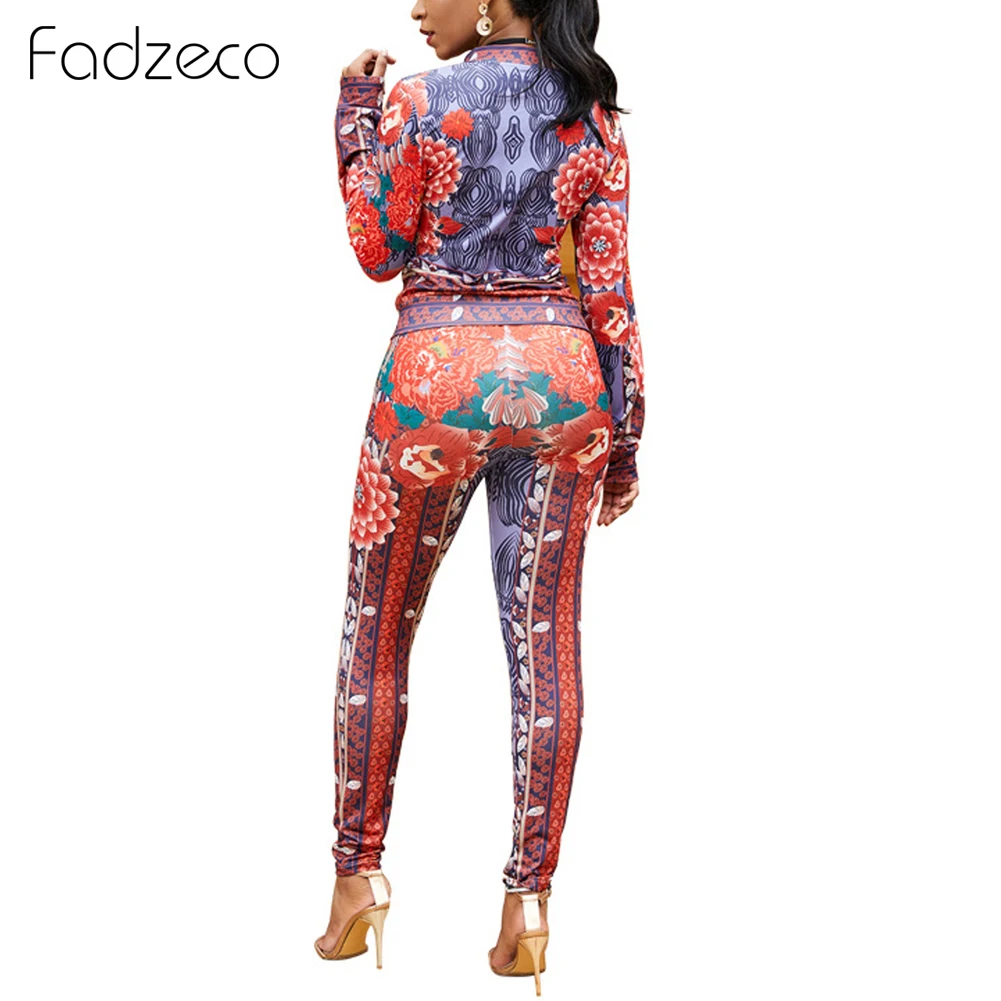 Fadzeco африканская одежда для женщин комплект из 2 предметов Повседневная куртка с длинными рукавами и цветочным принтом пальто Топ Брюки спортивные костюмы Комбинезоны